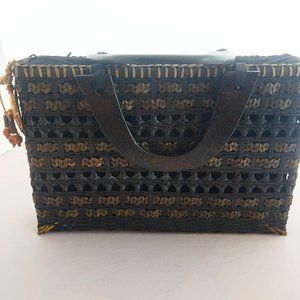 Vintage black woven straw and fabric rectangle box handbag made in Thailand
